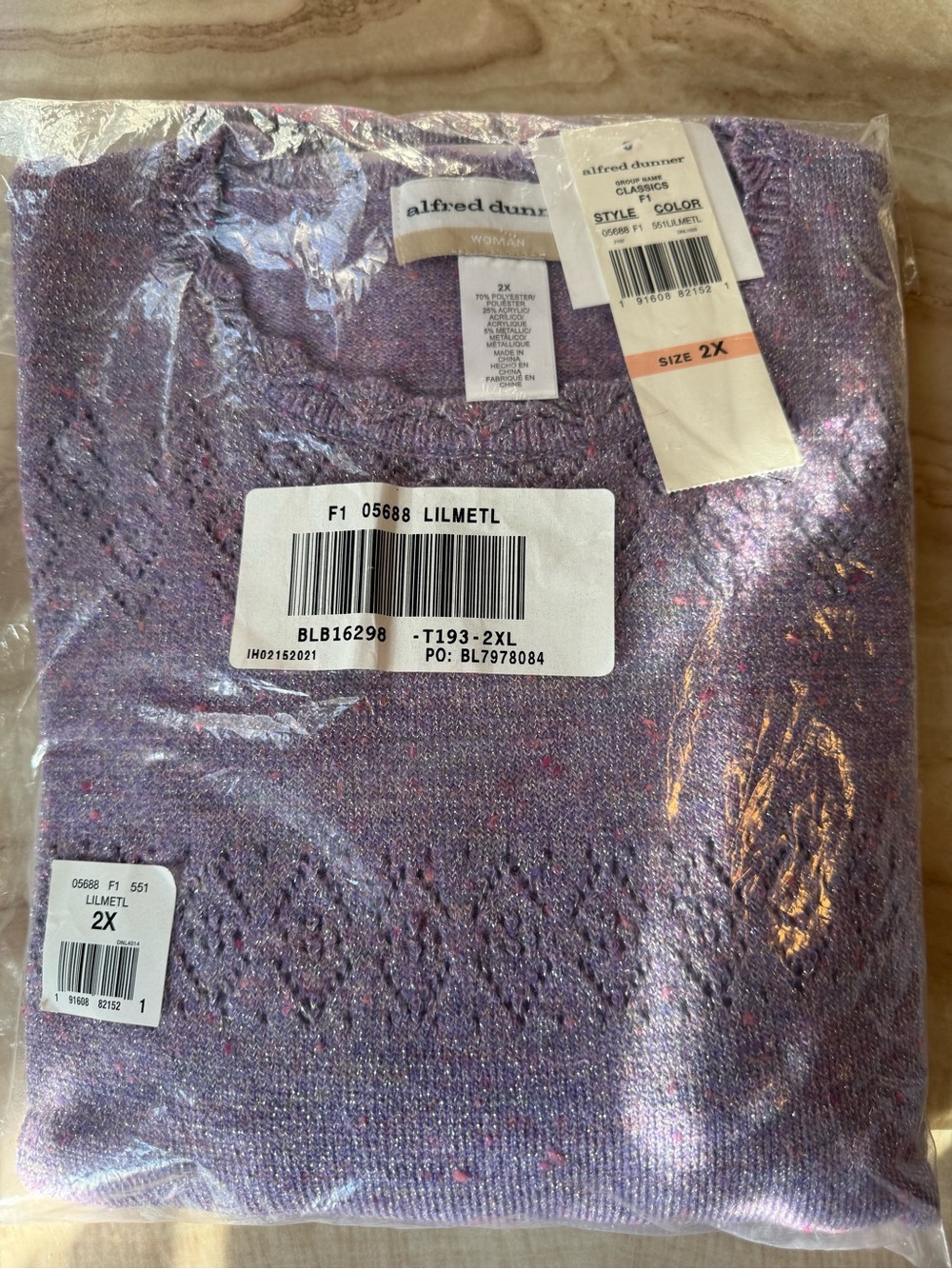 💫NWT ALFRED DUNNER WOMENS LILAC METALLIC KNIT SWEATER SZ 2X💫